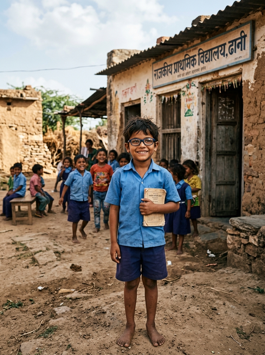 Young underprivileged Indian boy wearing donated glasses in village community school