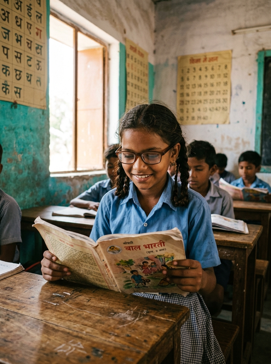 Underprivileged Indian student reading with donated prescription glasses