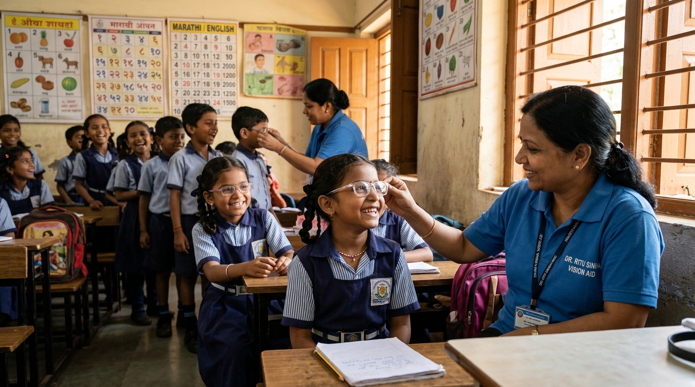 Elementary school student receiving first free optical eyeglasses